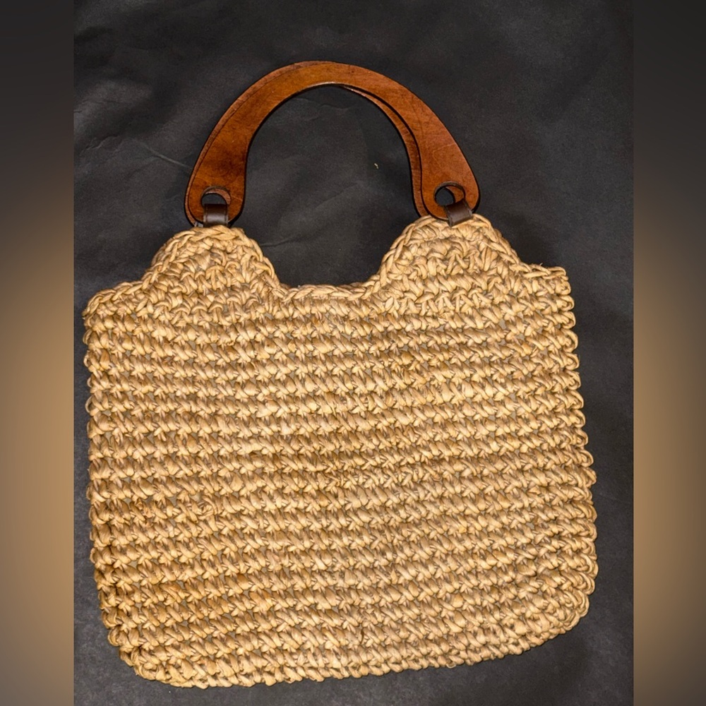 Boho Woven Straw Handbag Wooden Handle Summer Beach Purse - Picture 2 of 8